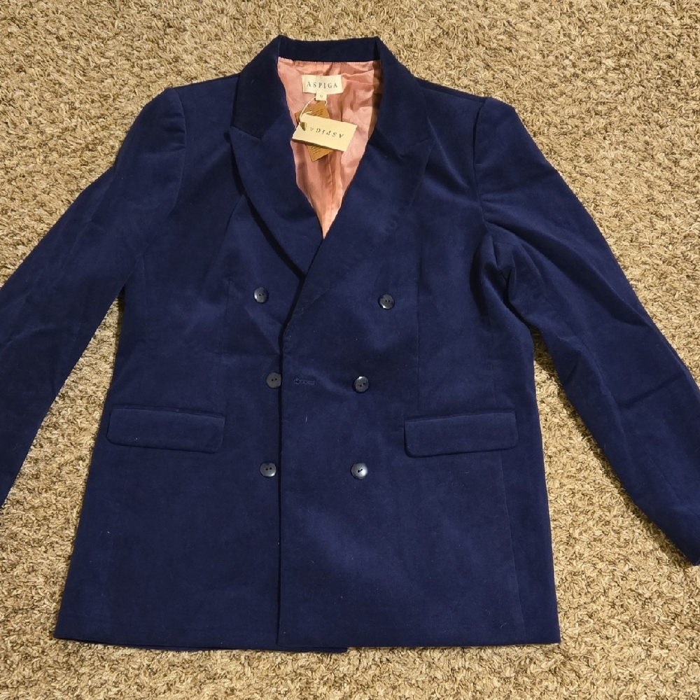 Aspiga Navy Blue Double-Breasted Blazer And Pants.